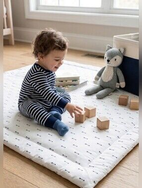 Teepee Joy Handmade Cotton Padded Play Mat - White Navy Arrow Pattern 43"x40"